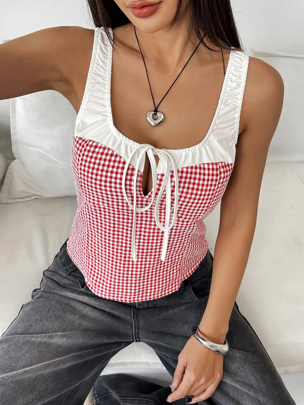 Contrast Plaid Square Neck Tank