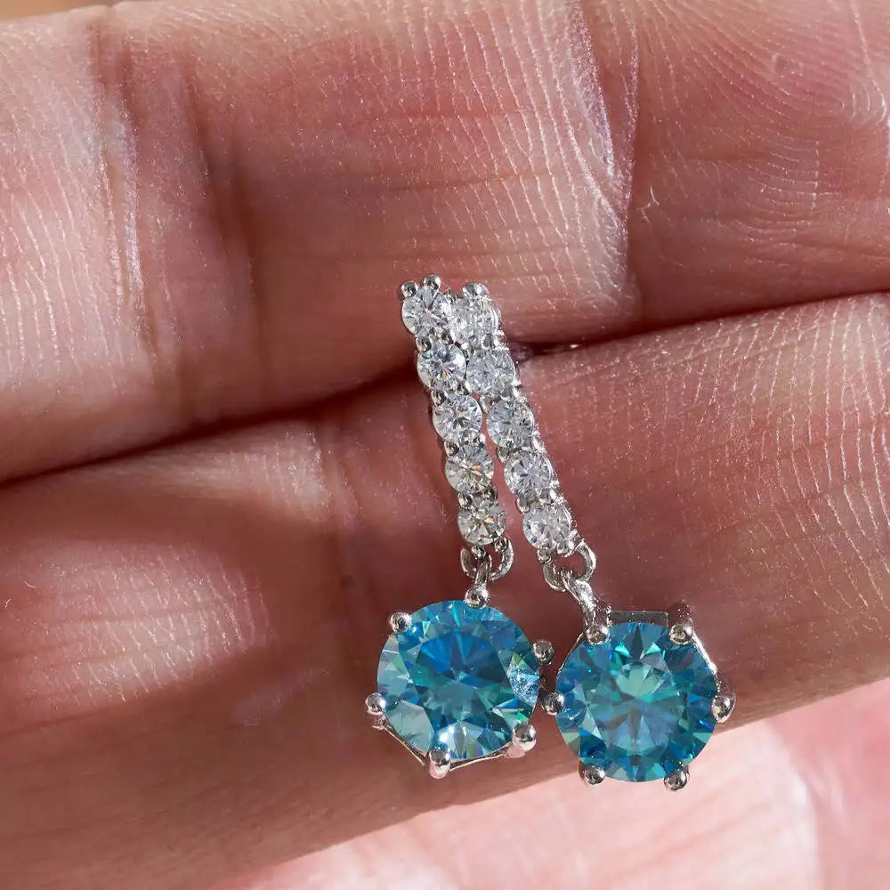 2ct Moissanite Drop Earrings 925 Sterling Silver Royal Blue Gold Accent