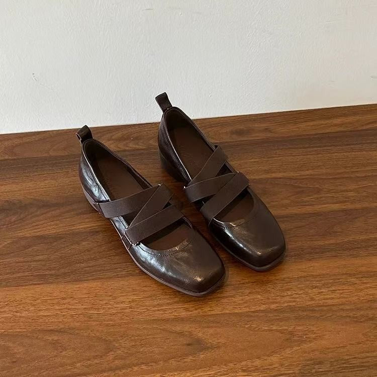 New 4cm Women Vintage Mary Jane Shoes, Elastic Strap Block Heel Ballet Flats, All Season Autumn Pumps