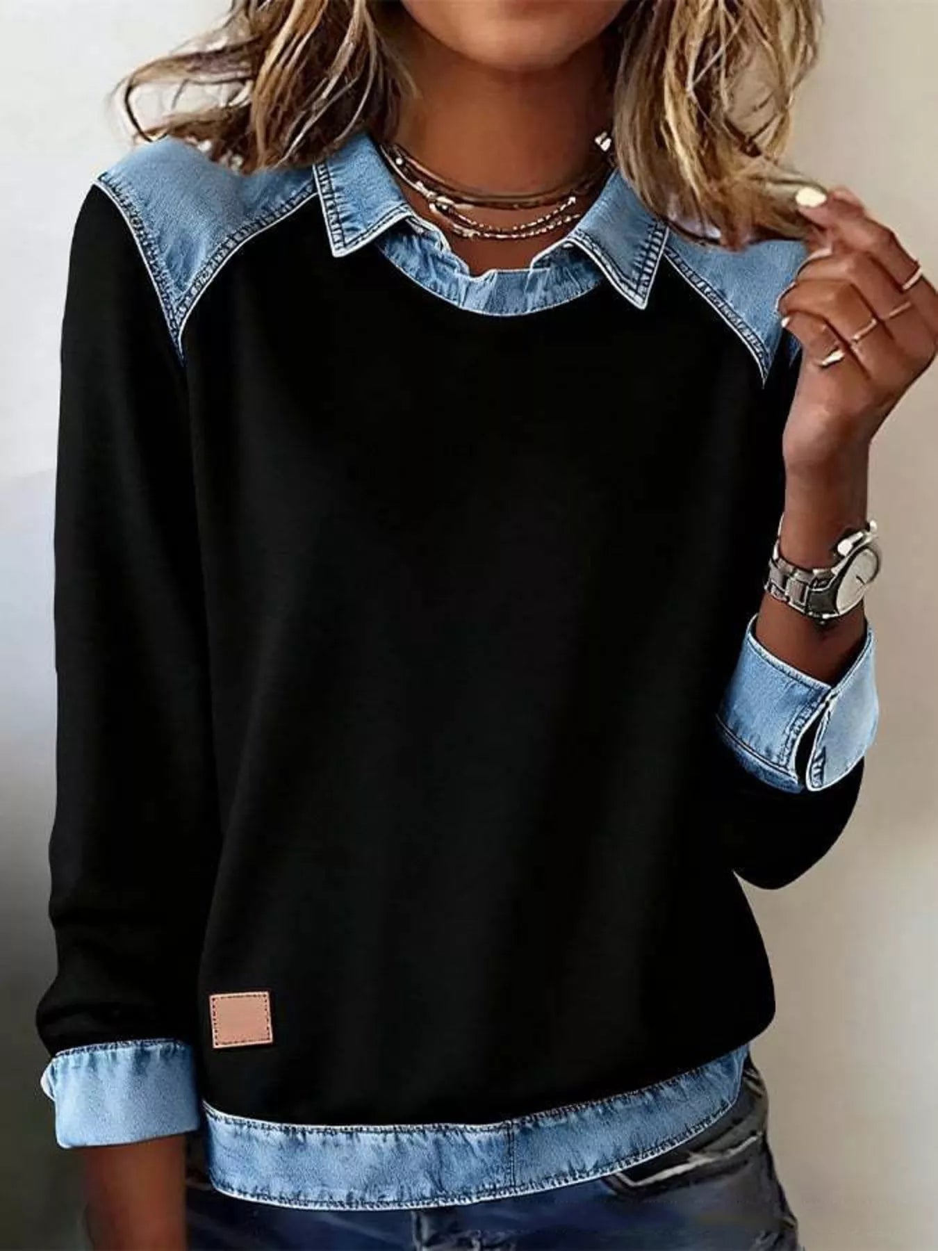 Full Size Denim Trim Long Sleeve Top Plus Size