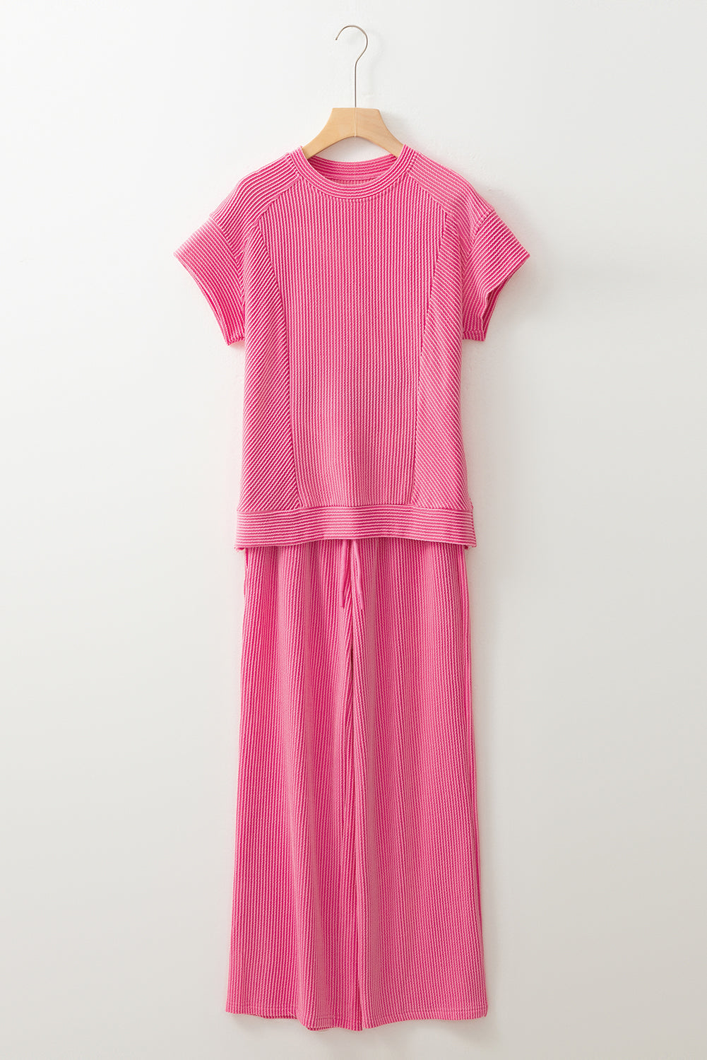 Wild Wind Solid Corded Short Sleeve Shirt and Wide Leg Pants Set
