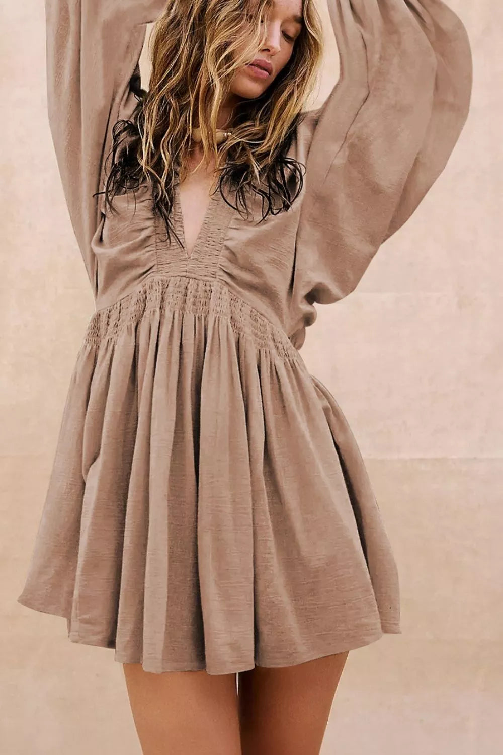 Smocked V-Neck Balloon Sleeve Dress