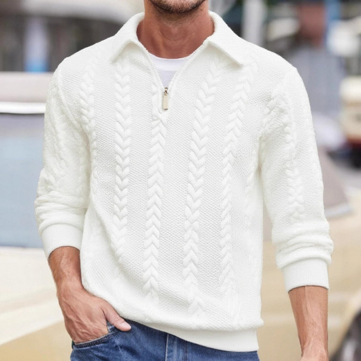 Cross-Border Amazon European And American Jacquard Autumn And Winter Lapel Pullover Half-Cardigan Zipper Sweatshirt Casual Sports Men's Knitted