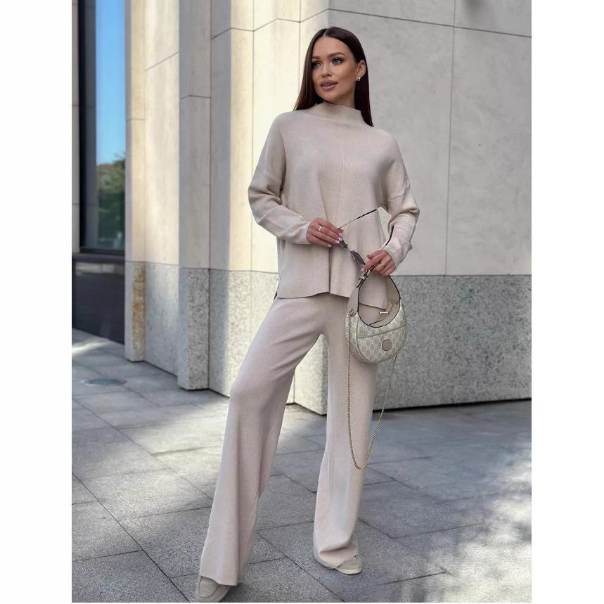 Women's Fine-Knit Mock-Neck Oversized Tunic Top & Wide-Leg Trouser Set