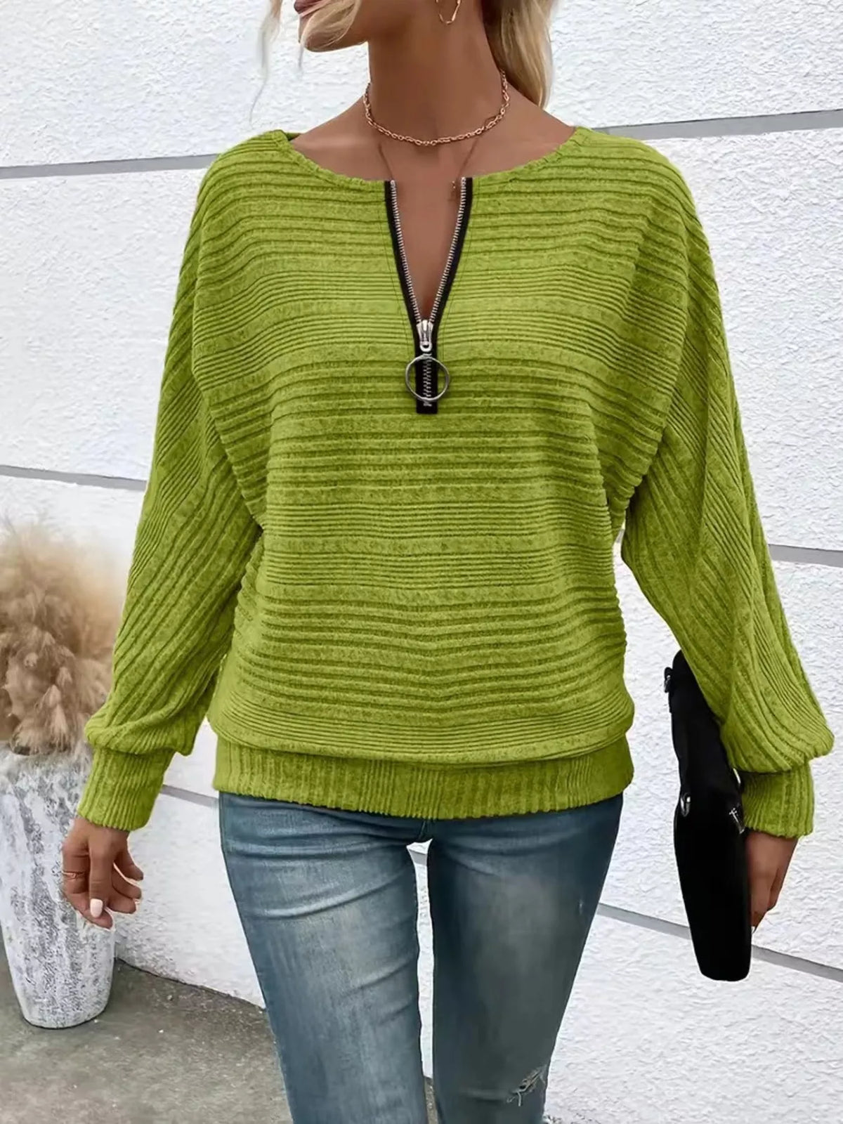 Ribbed Knit Quarter Zip Sweatshirt