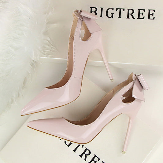 Women's Solid Color Cutout Back Bow High Heels See size chart under “more details”