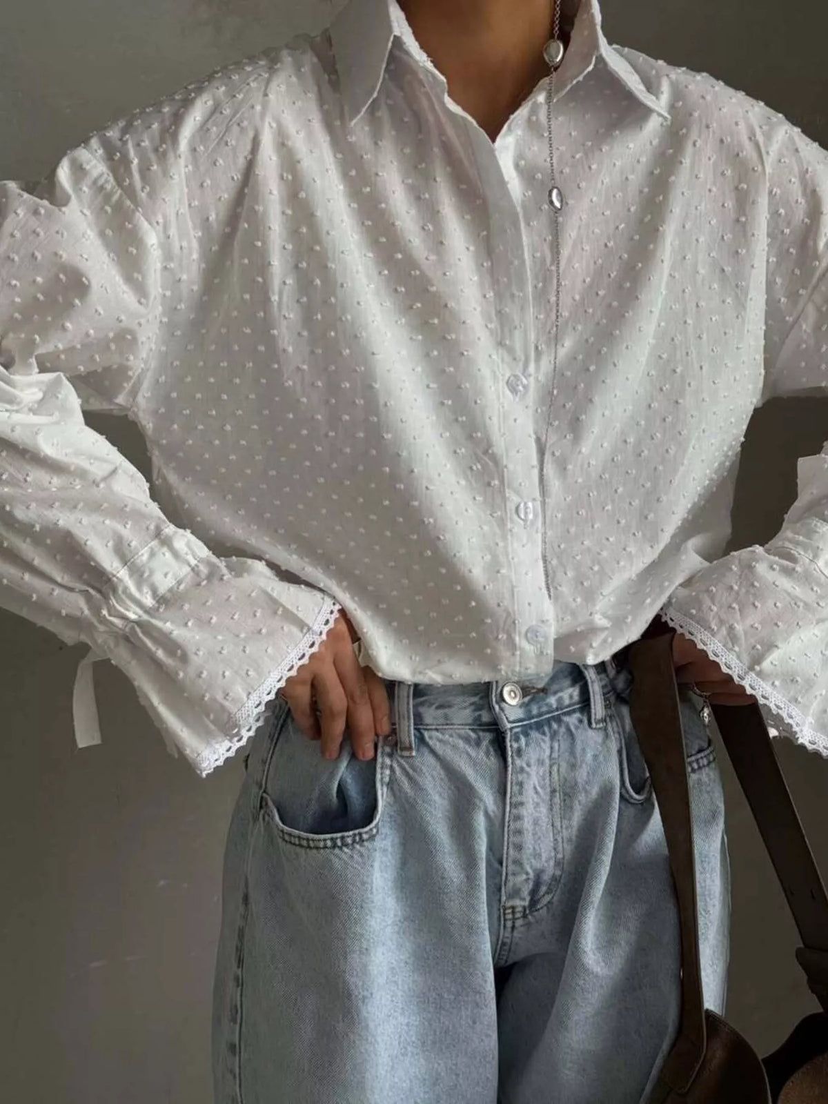 Swiss Dot Flounce Sleeve Shirt
