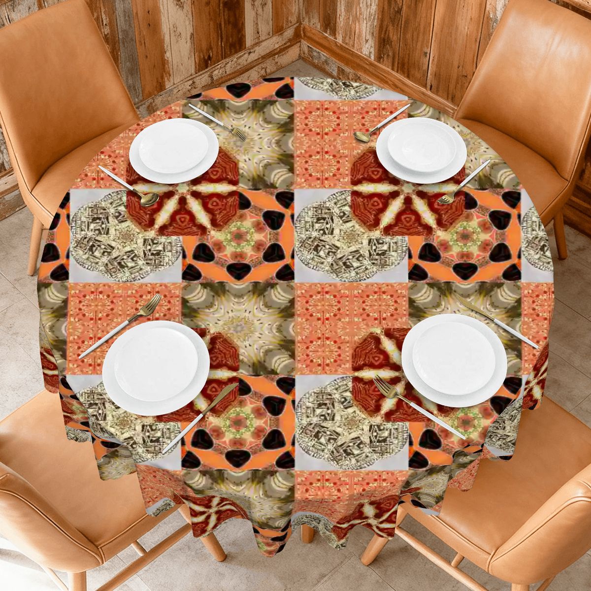 Heritage Revival Quilt Design Round Tablecloth with Wavy Edge - 60" x 60"