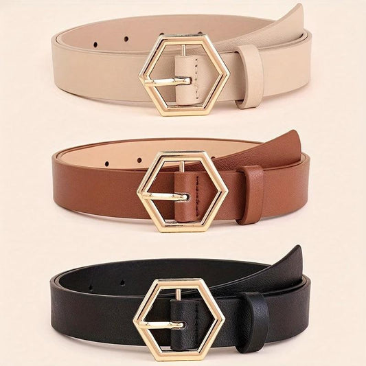 Cinturón de PU con hebilla dorada irregular en forma de estrella hexagonal para mujer