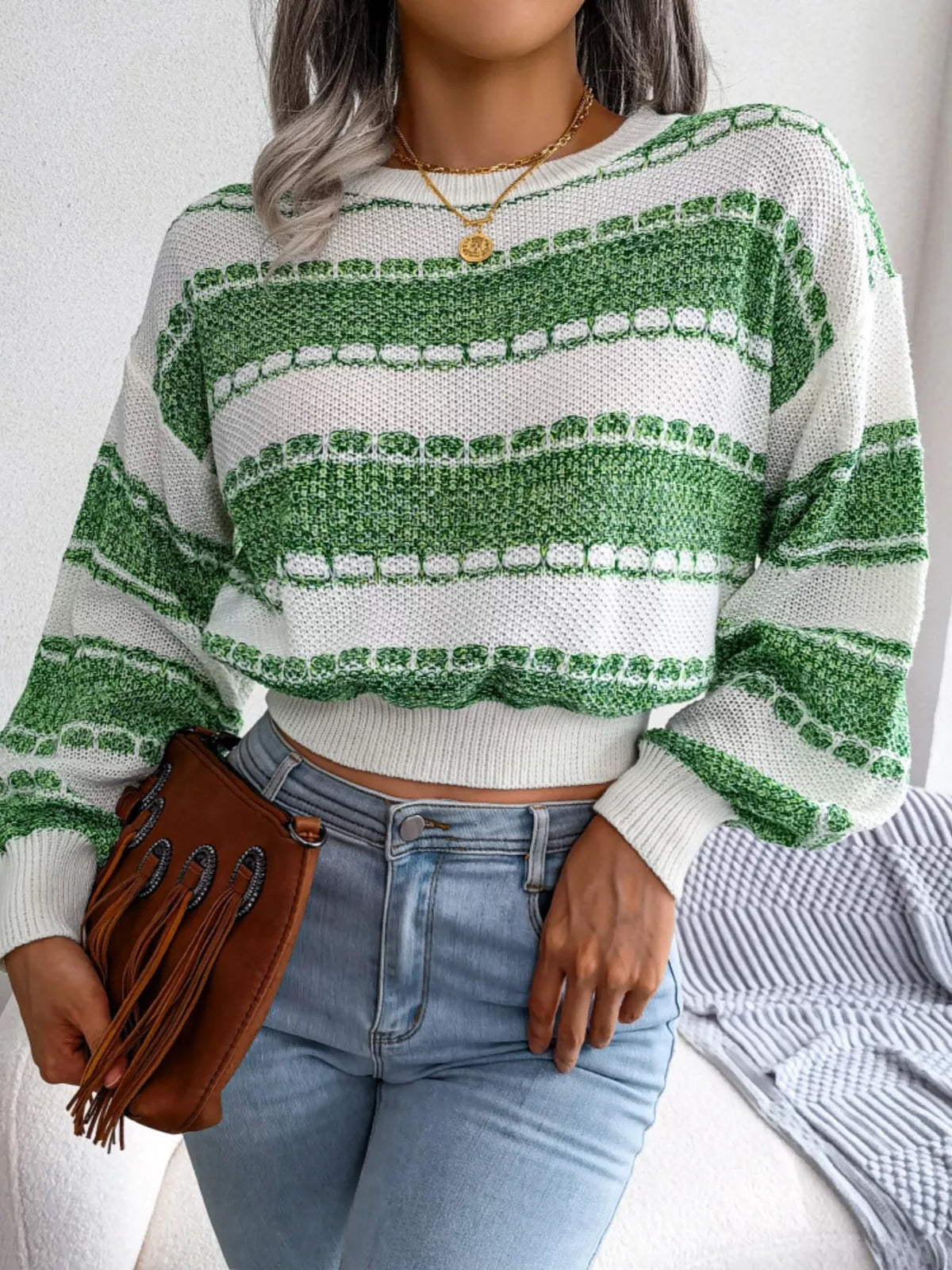 Color Block Round Neck Cropped Sweater