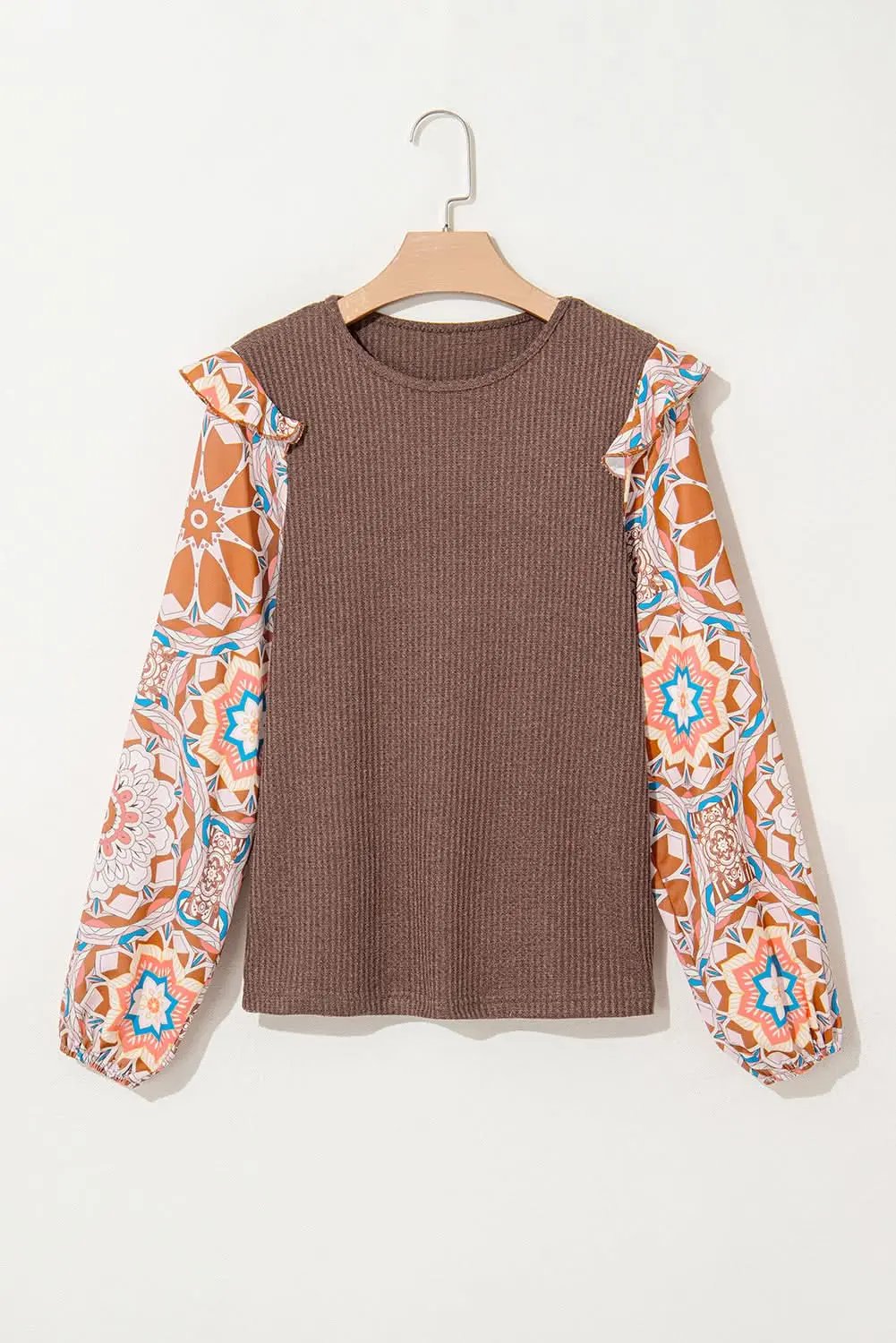 Love Salve Coffee Waffle Knit Blouse With Floral Patchwork