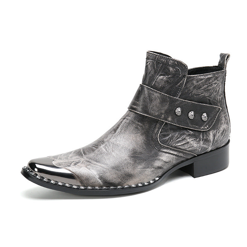 Chunky Heel Cowhide Gray Motorcycle Boots