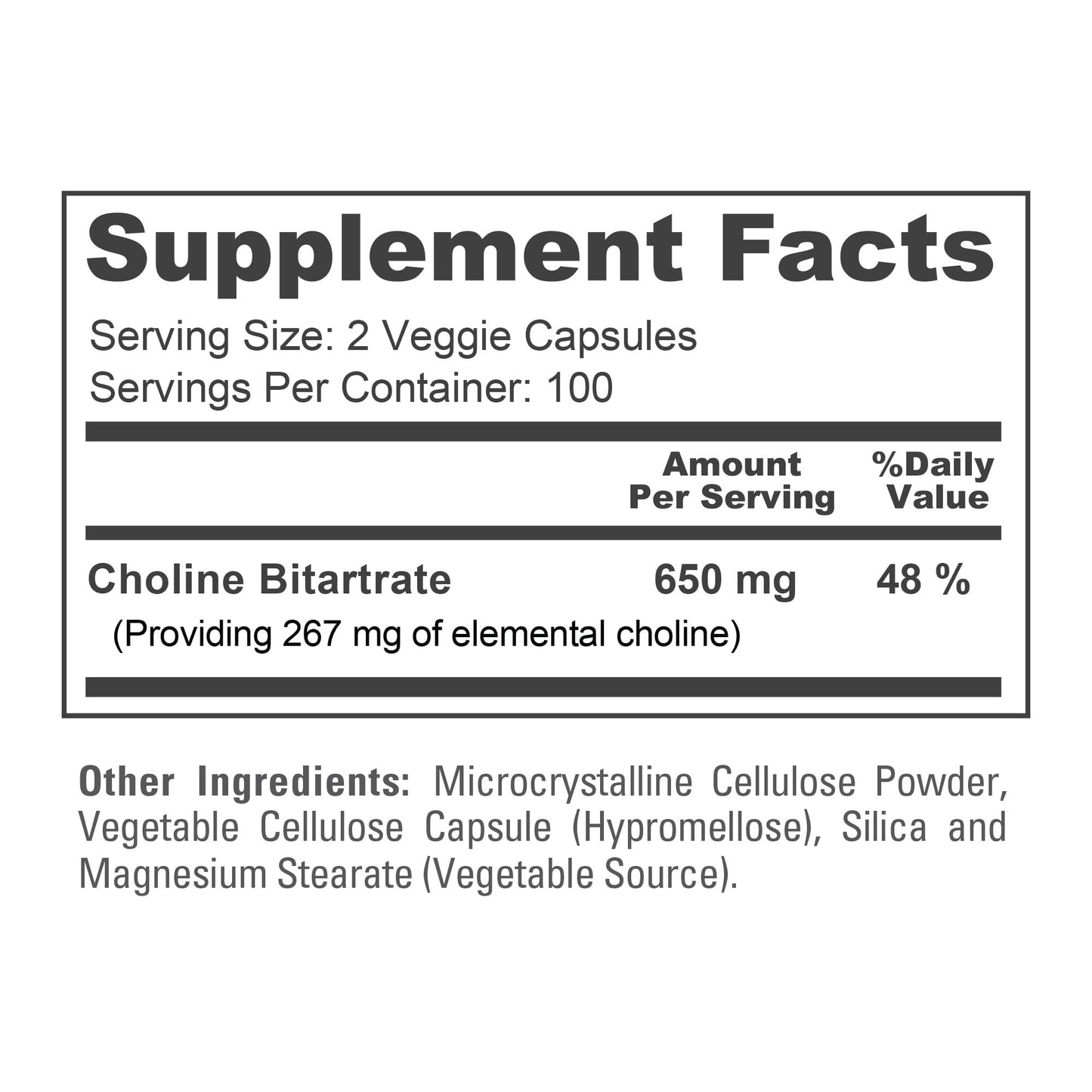 NusaPure Choline Bitartrate - Suitable for Vegetarian/Vegan, Non - GMO - 650 mg 200 Capsules