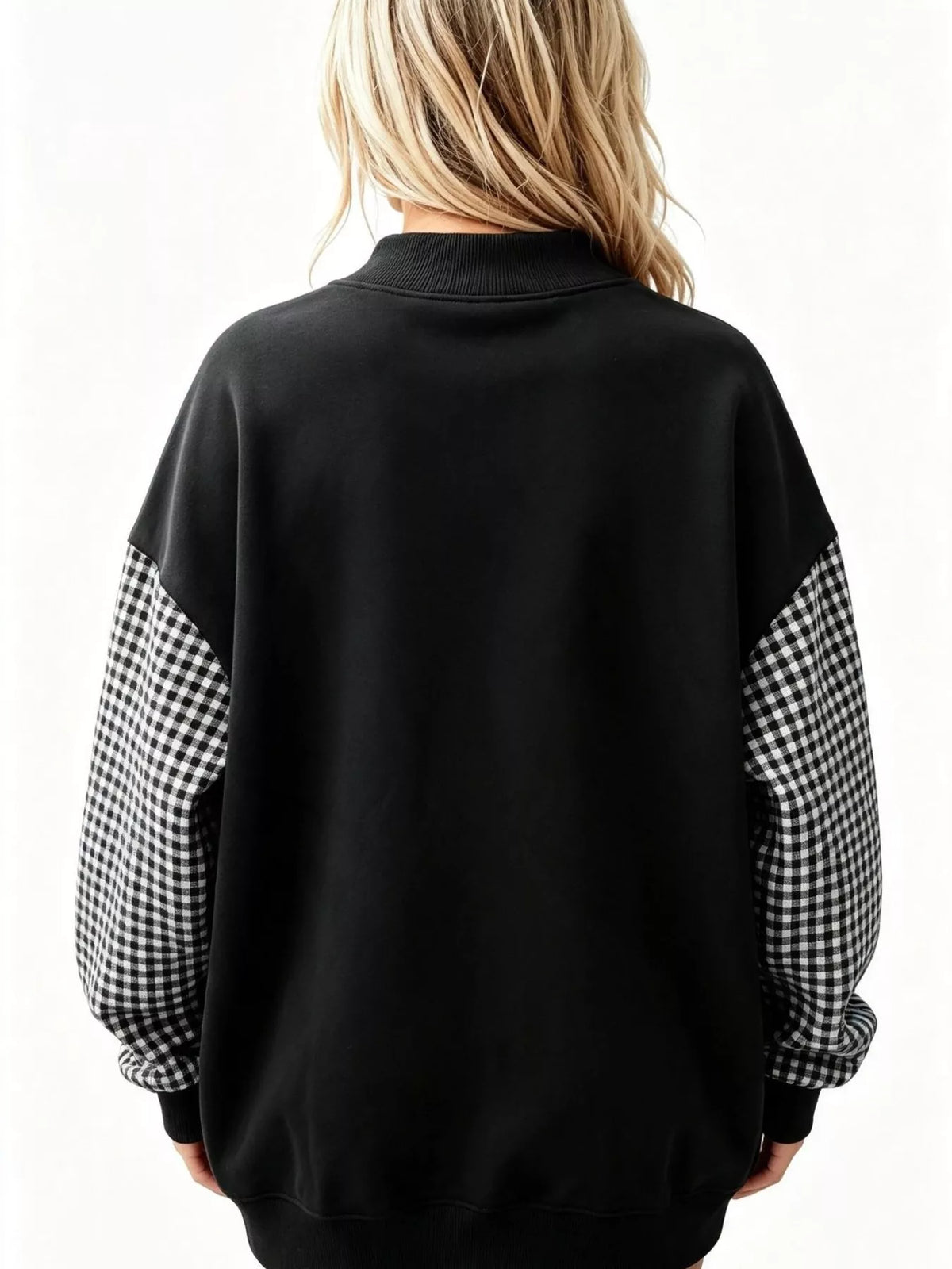 Gingham Sleeves Round Neck Sweatshirt