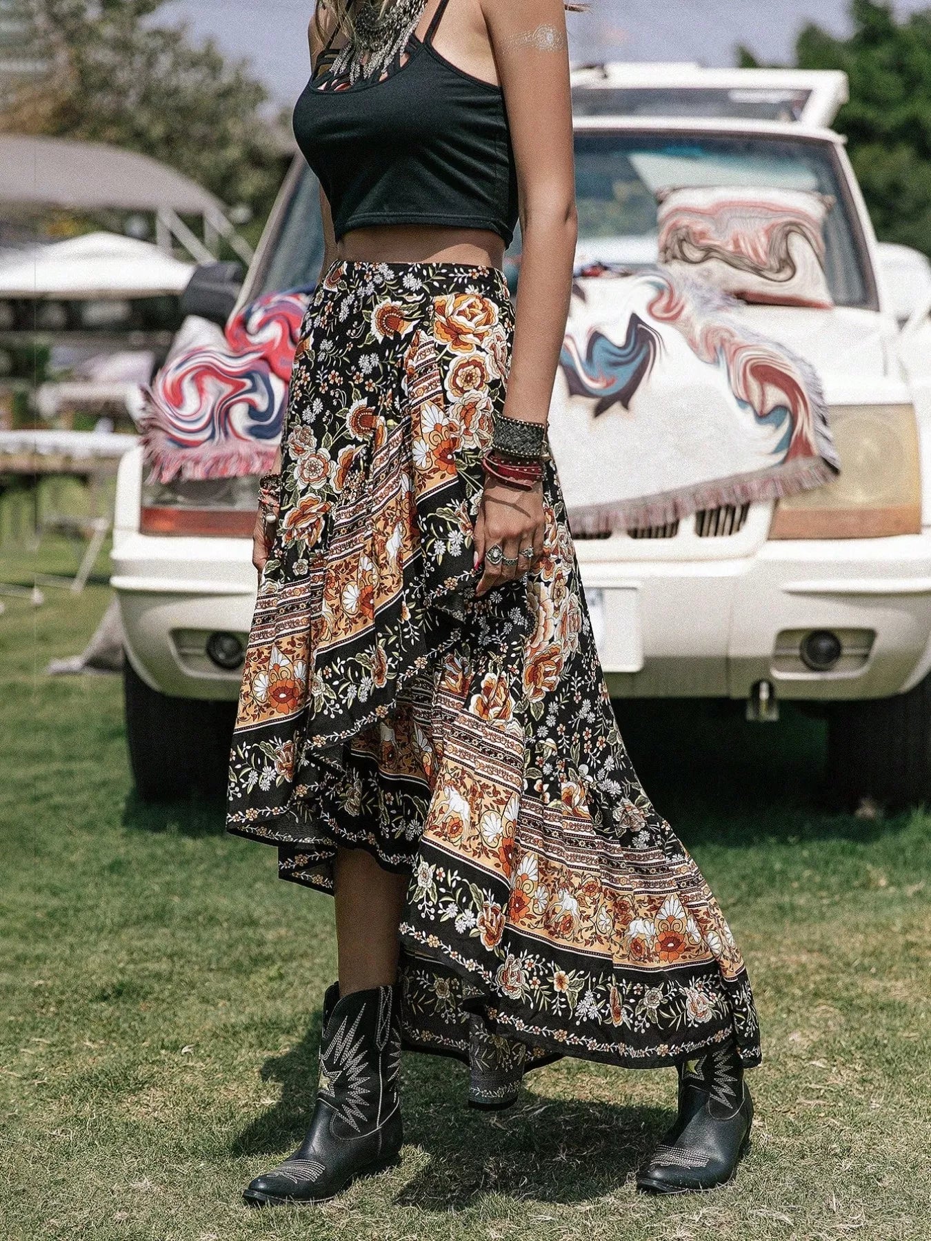 Plus Size Boho Floral Print High-Low Skirt See size chart under “more details”