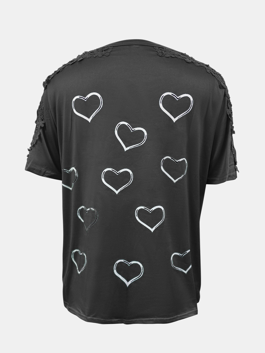 Camiseta de manga corta con cuello redondo, detalle de encaje y corazón, talla grande