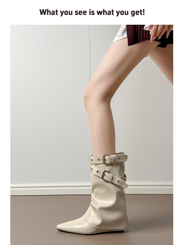 Women's White Spicy Girl Rivet PointedToe MidCalf Slouch Boots, Biker Boots & Ankle Boots For TuckedIn Pants