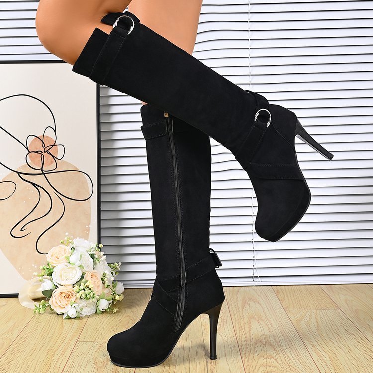 New Arrival HighHeel Suede Midcalf Boots, Belt Buckle Foreign Trade PlusSize Stiletto RoundToe KneeHigh Boots For Women