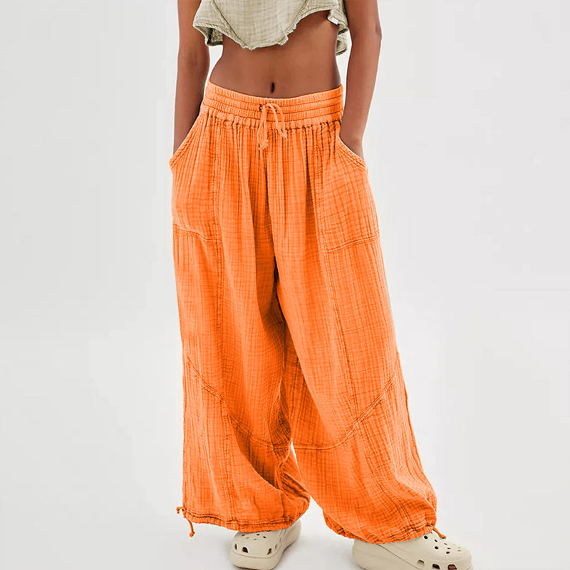 Pantalones de pernera ancha de color liso para mujer – Cintura elástica con cordón y bolsillos laterales