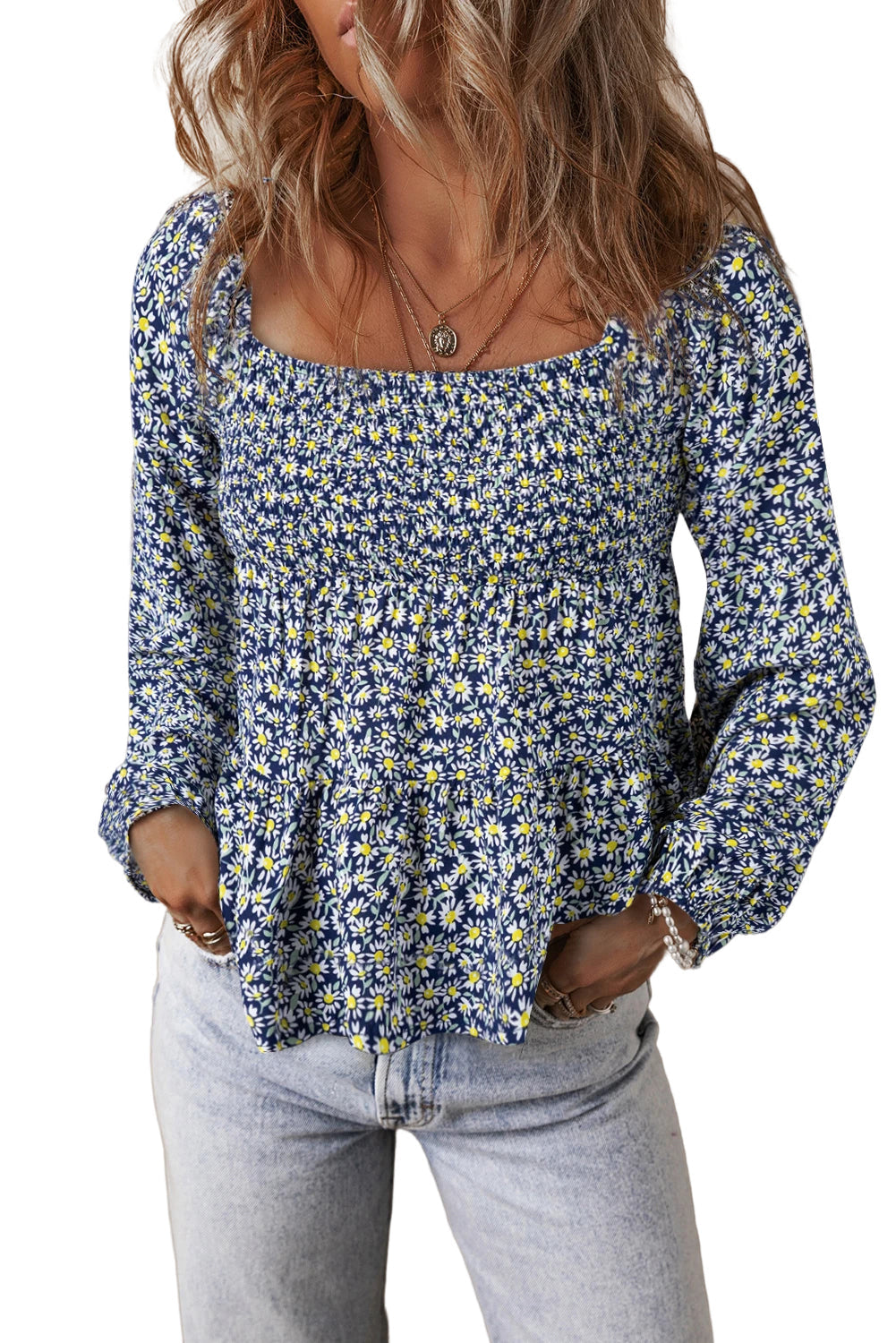 Blusa holgada con estampado floral bohemio azul y escote cuadrado fruncido