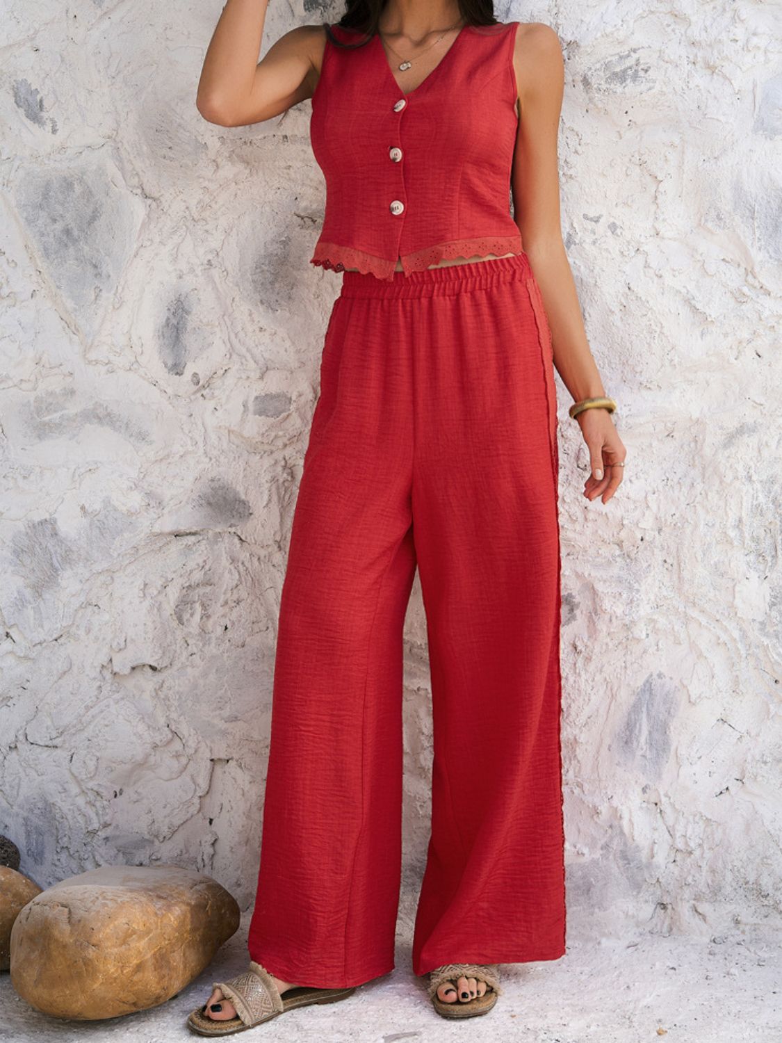 Devine Button Down Lace Detail Vest and Pants Set – Elegant Two-Piece with Stretchy Comfort See size chart under “more details”