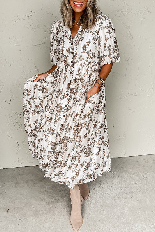 Vestido Maxi con Mangas Abullonadas y Escote en V con Botones Delanteros de Estampado Floral Color Caqui
