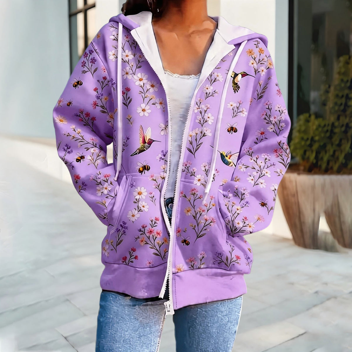 Cross Border European And American Style Women's Hooded Cardigan Casual Sweatshirt With Small Floral Digital Print And Zipper, Foreign Trade Supply For Autumn And Winter