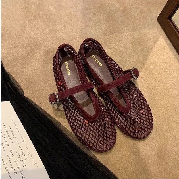 Sparkling Rhinestone Hollow-out Fishnet Mary Jane Sandals