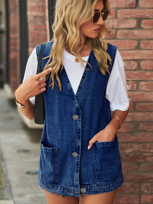 Chaleco vaquero con cuello en V y botones, talla grande