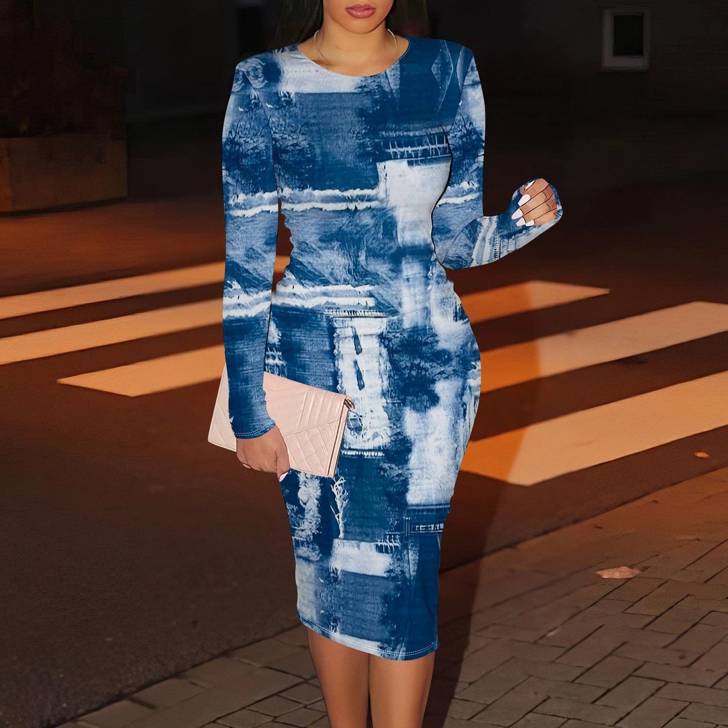 Women's Casual Printed Long-sleeve Round-collar Dress