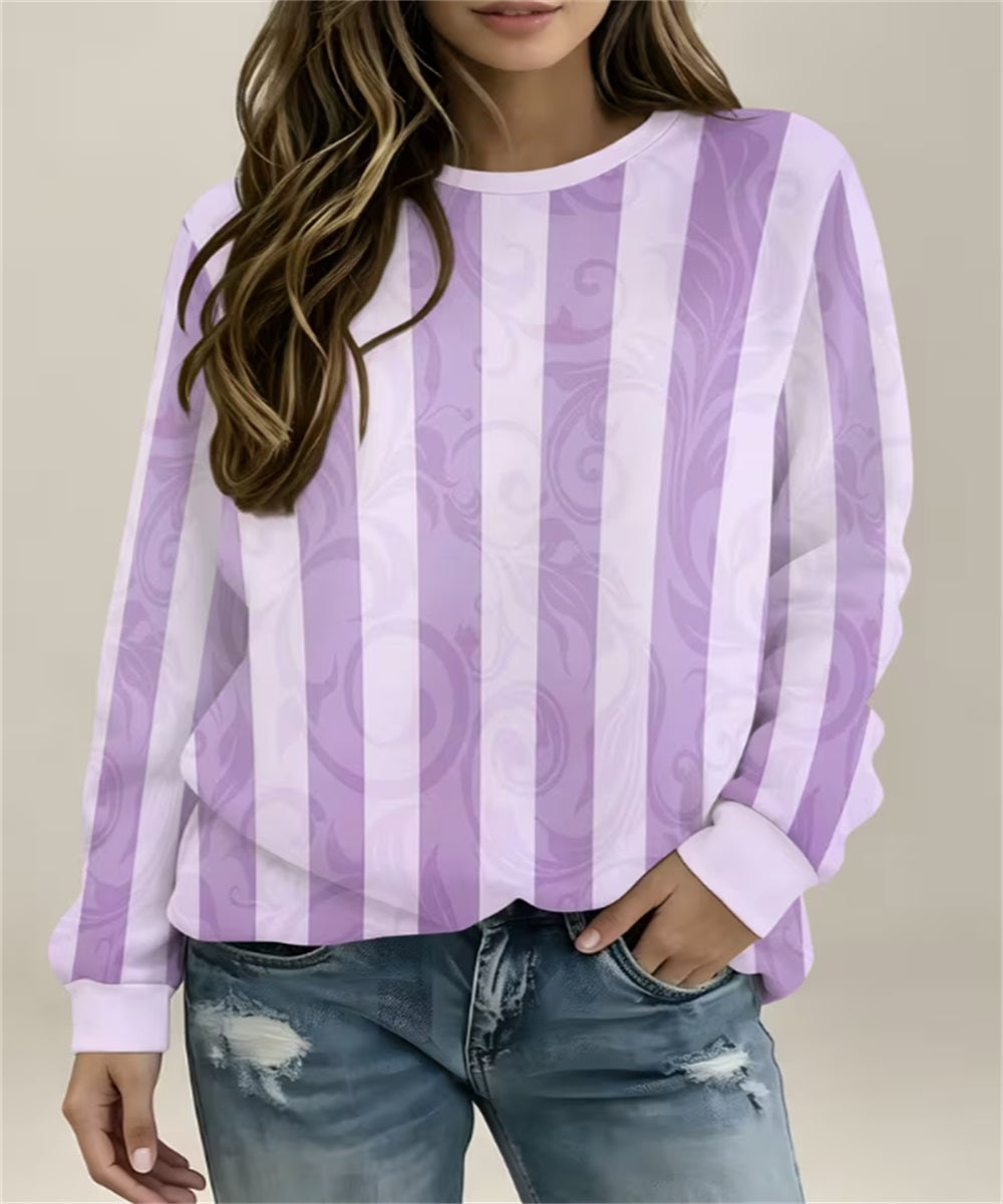 Women's Purple Mint Vertical Stripe & Star Print Crew Neck Sweatshirt, Long Sleeve Casual Pullover Top