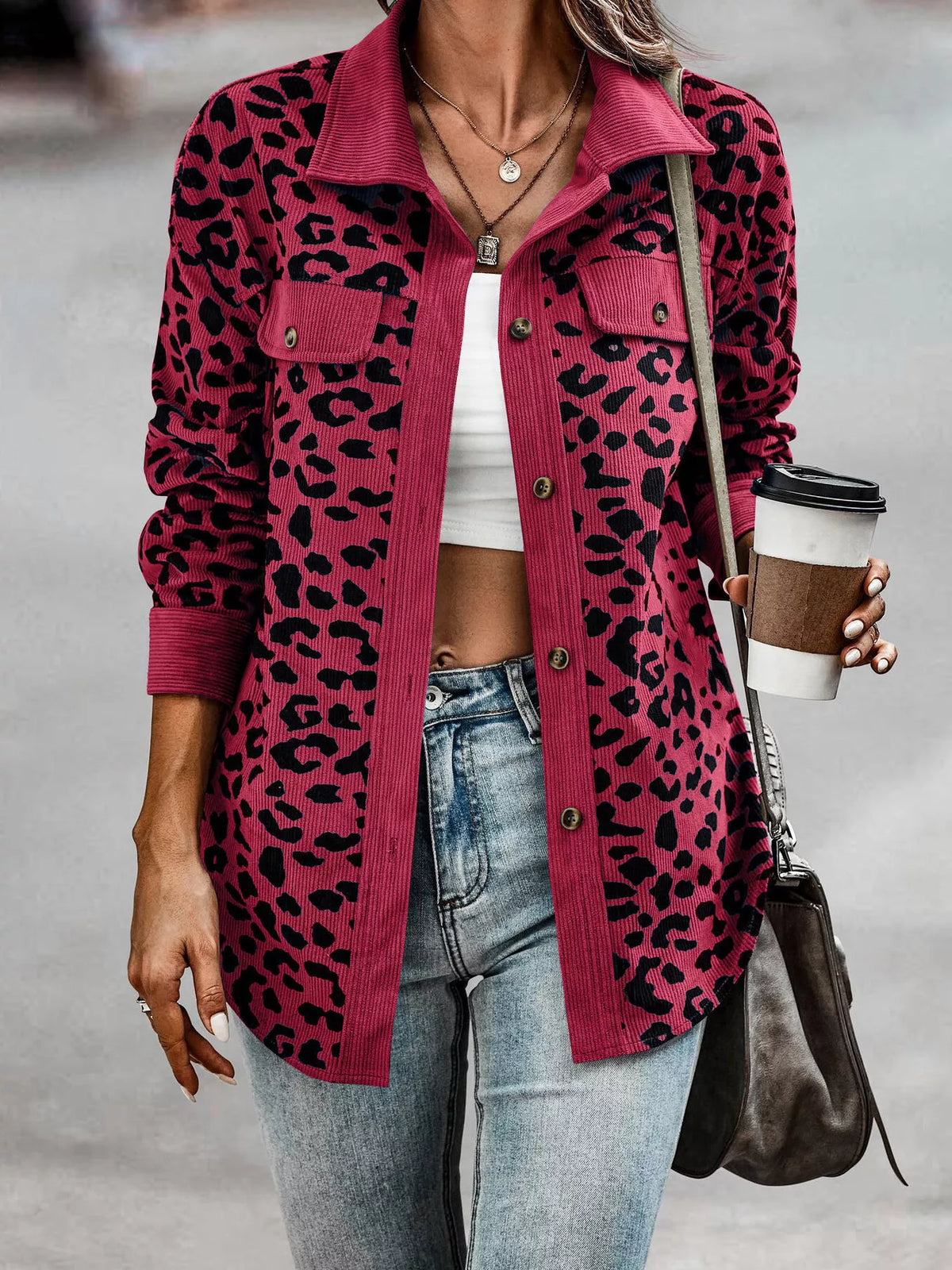 Full Size Leopard Print Button-Down Jacket Plus Size