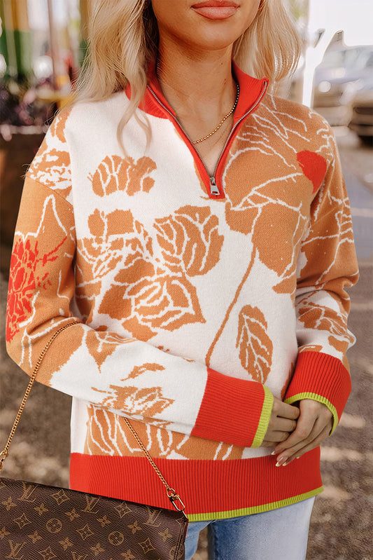 Suéter jaspeado con cremallera en el cuello, detalle acanalado y estampado floral