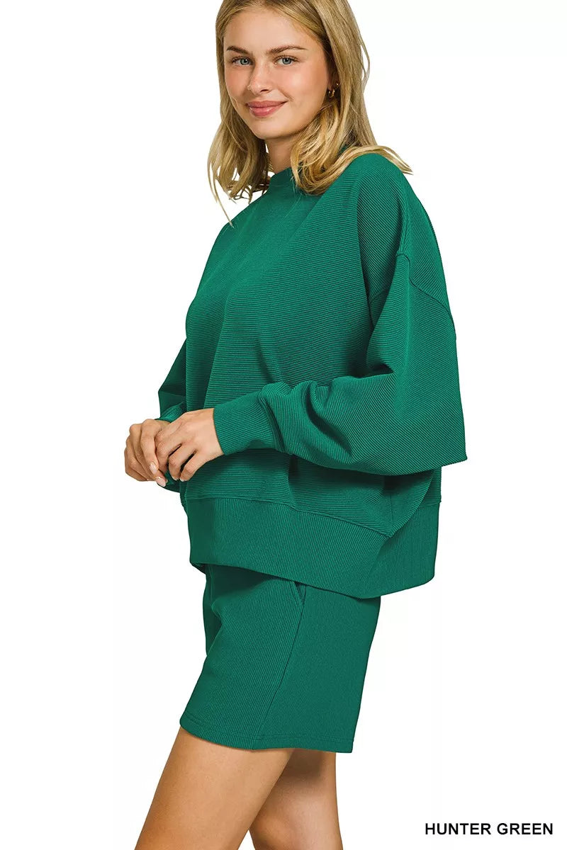 Zenana Ribbed Round Neck Pullover and Shorts Set in Green