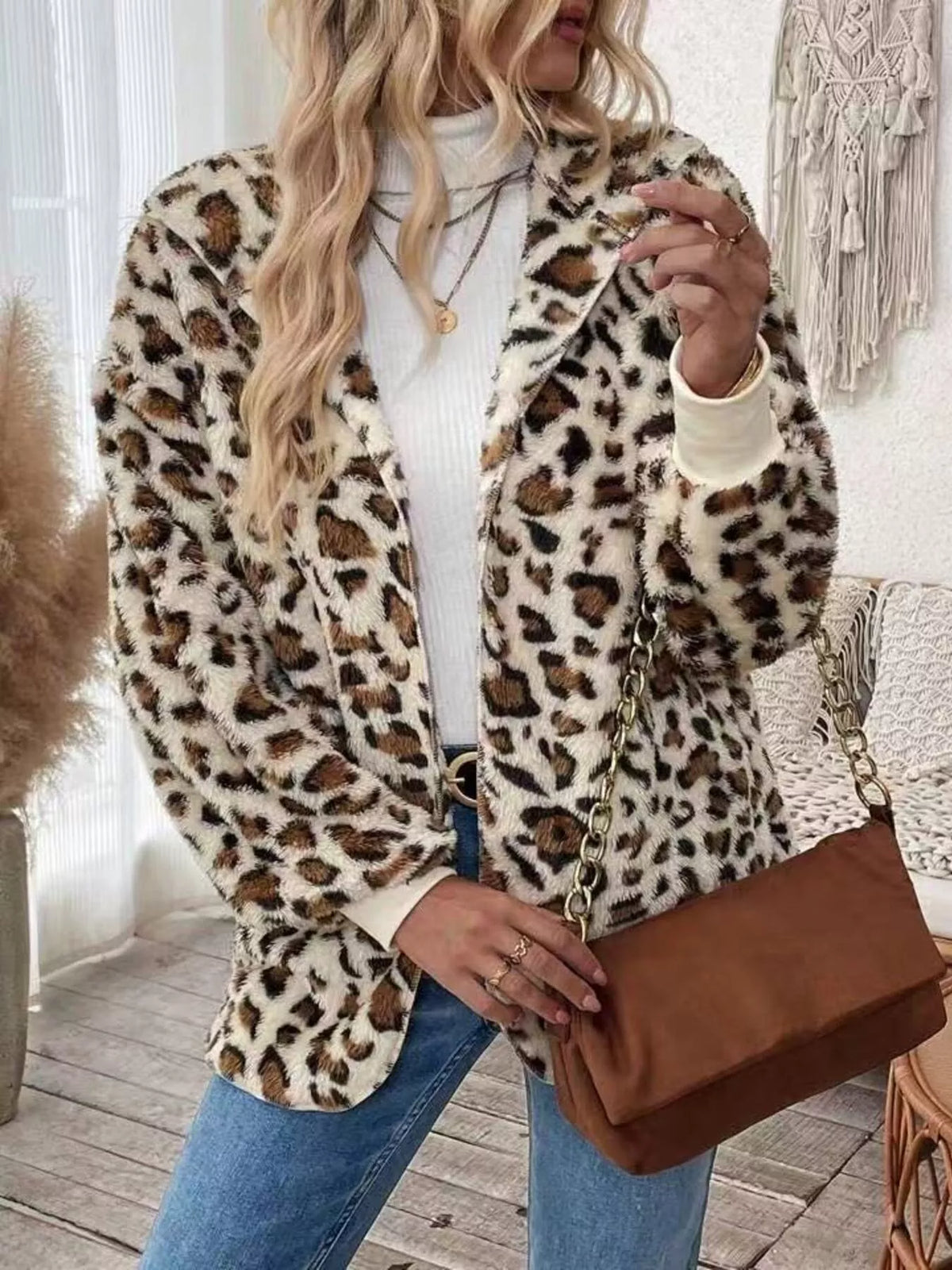 Leopard Print Fuzzy Zip Up Outerwear