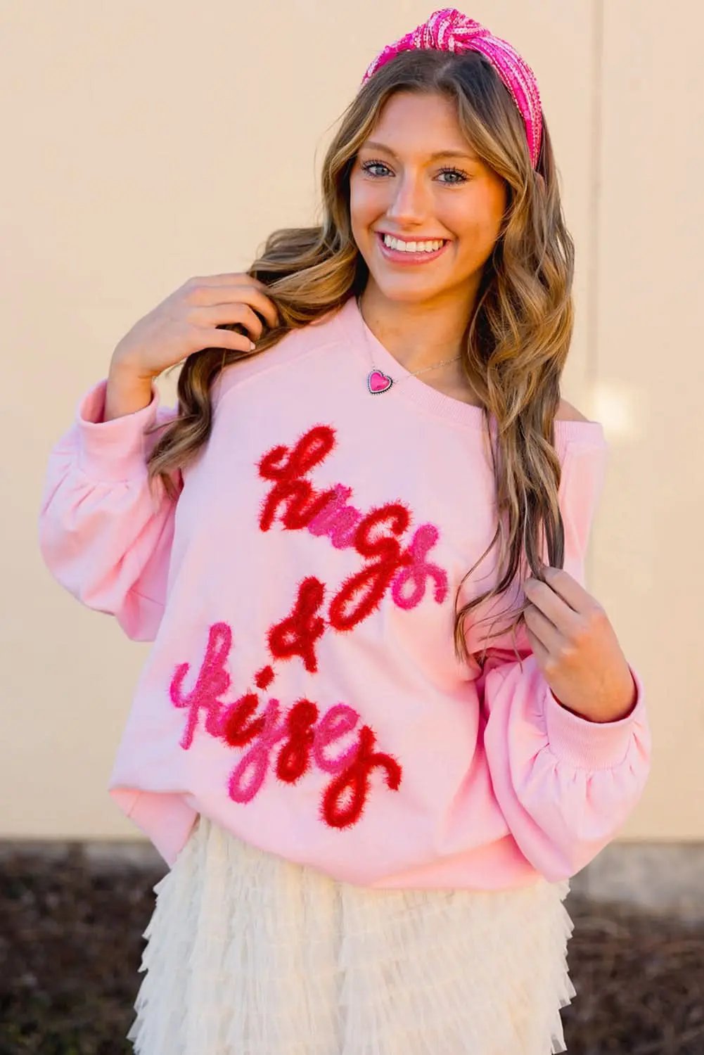 Love Salve Women's Embroidered Sweatshirt Pink Raglan Crew Neck