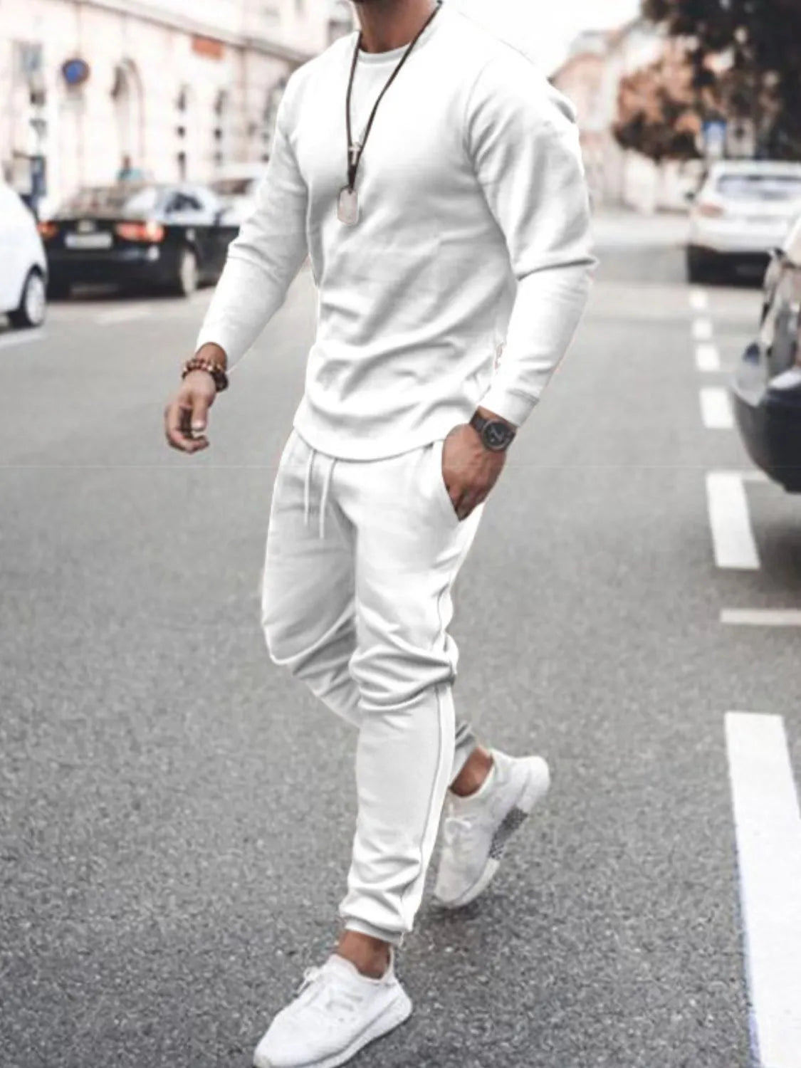 Conjunto de camiseta de manga larga con cuello redondo y pantalón para hombre, talla grande