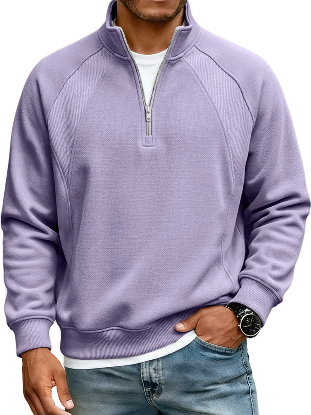 Amazon New Men's Jacket Half-Zip Stand-Up Collar Sweatshirt Men's T-Shirt Long-Sleeved Solid Color Splicing Loose Fit
