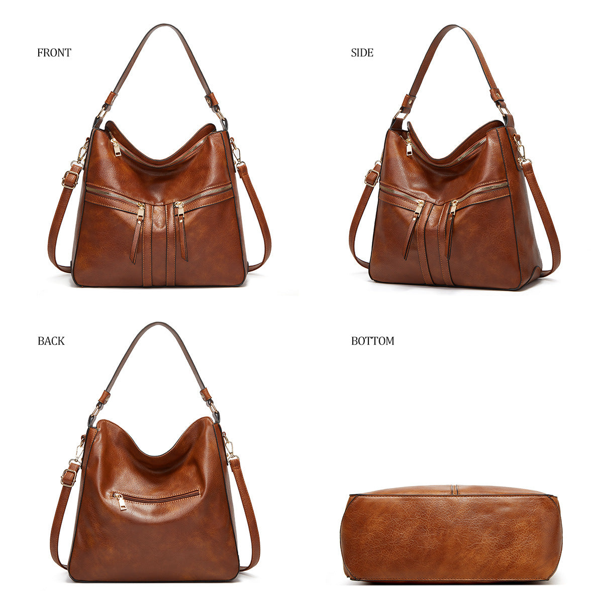 Double Zipper Soft Leather Large Capacity Tote Travel Tote Bag