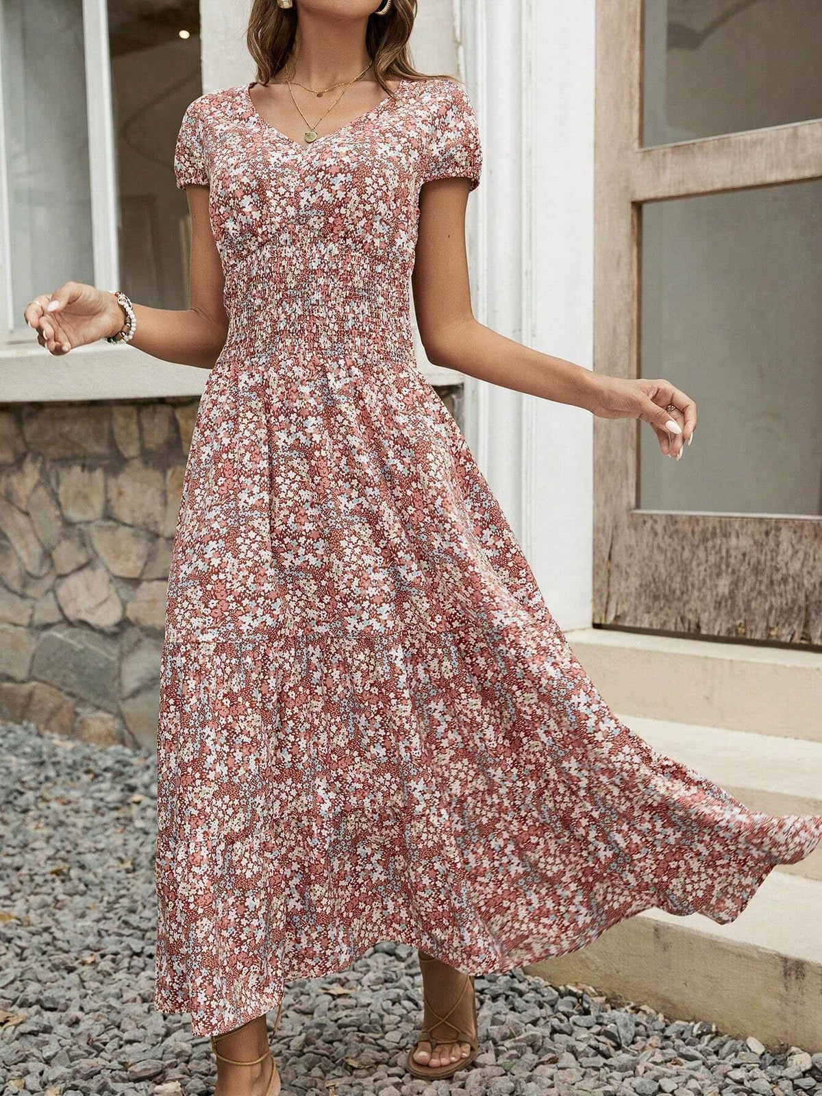 Dusty Pink Floral Boho Chic V-neck Midi Dress For Women