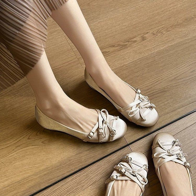 Women French Square Toe Bow Elevated Pumps, New Ballet Style Mary Janes Single Strap Shoes