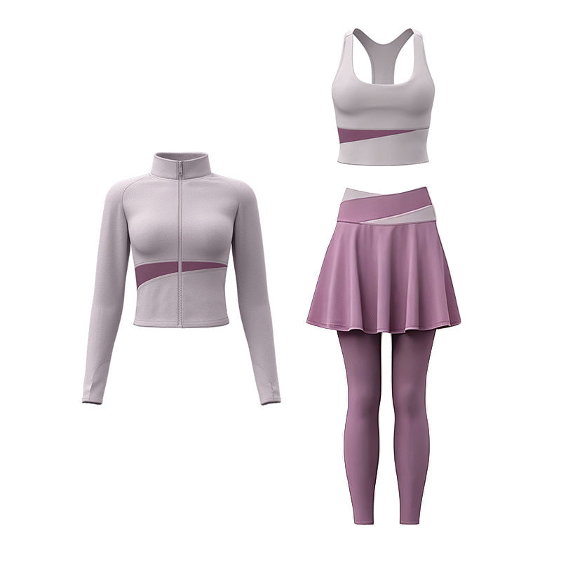 Womens Color-Block Stand-Neck Zipper Yoga Three-Piece Set