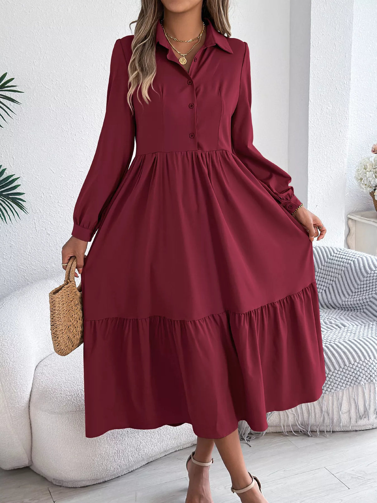 Long Sleeve Tiered Button Front Midi Dress