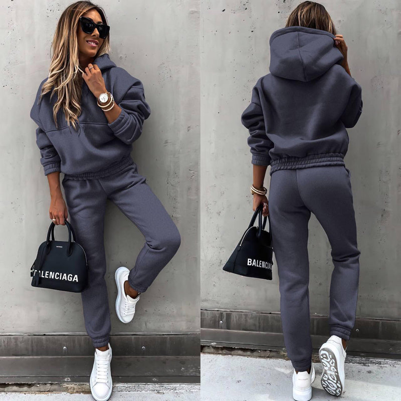 Conjunto de sudadera con capucha y pantalón de dos piezas de color liso para mujer