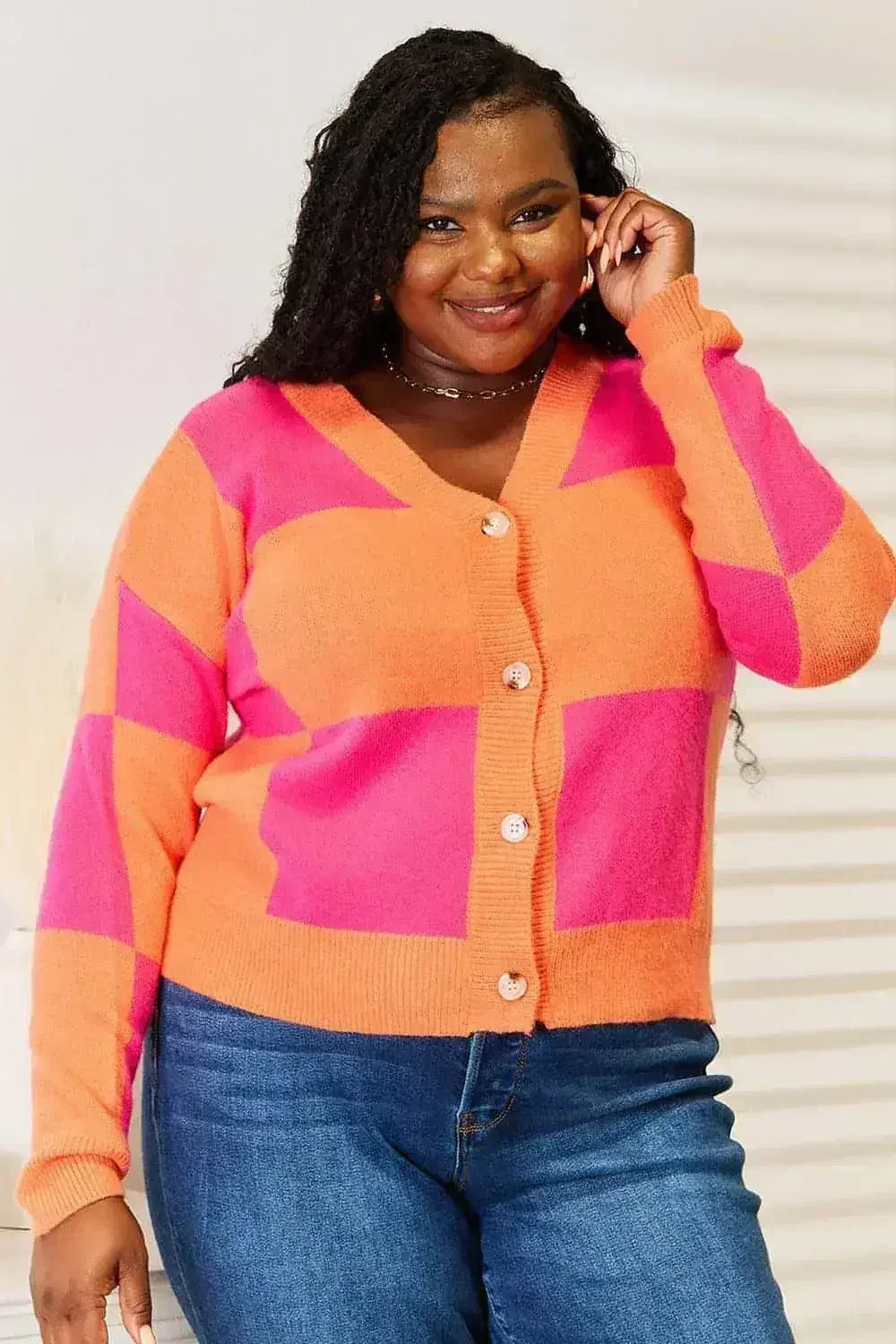 Checkered V-Neck Cardigan - Dropped Shoulder Style | Femstylo