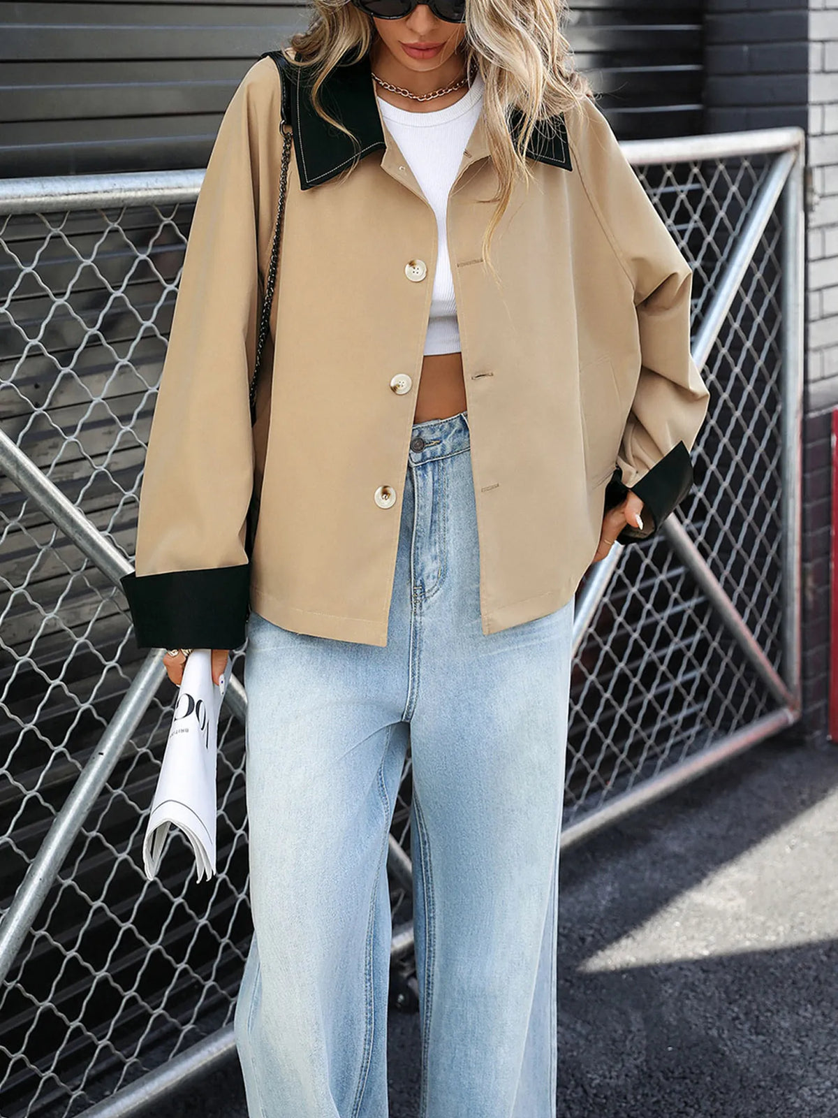 Color Block Button-Up Casual Jacket