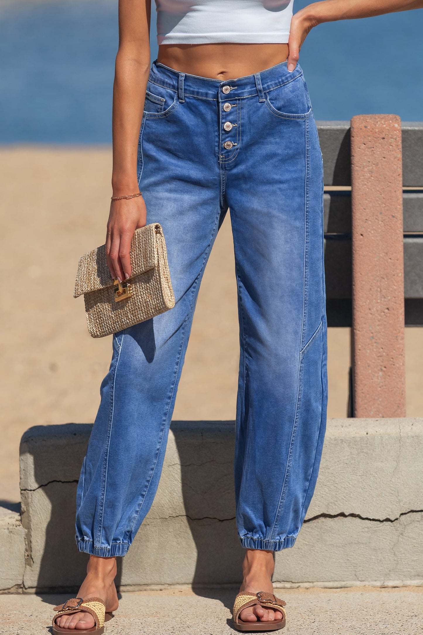Jeans casuales de corte holgado cónico, azules, de 4 botones frontales