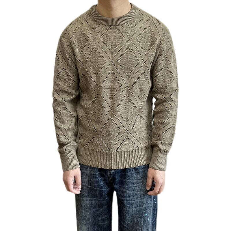 Popular Solid-color Diamond-pattern Casual Cotton Knit Sweater