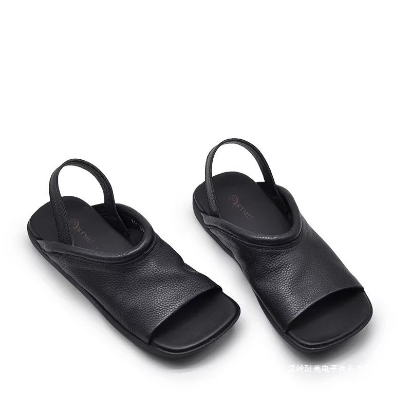 Women's Soft-leather Square-toe Flat Sandals