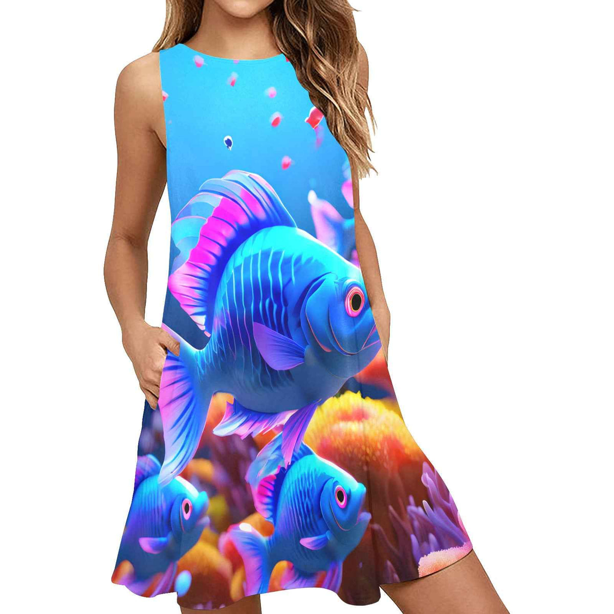 Blue Fish Women's Sleeveless A-Line Short Dress with Pockets